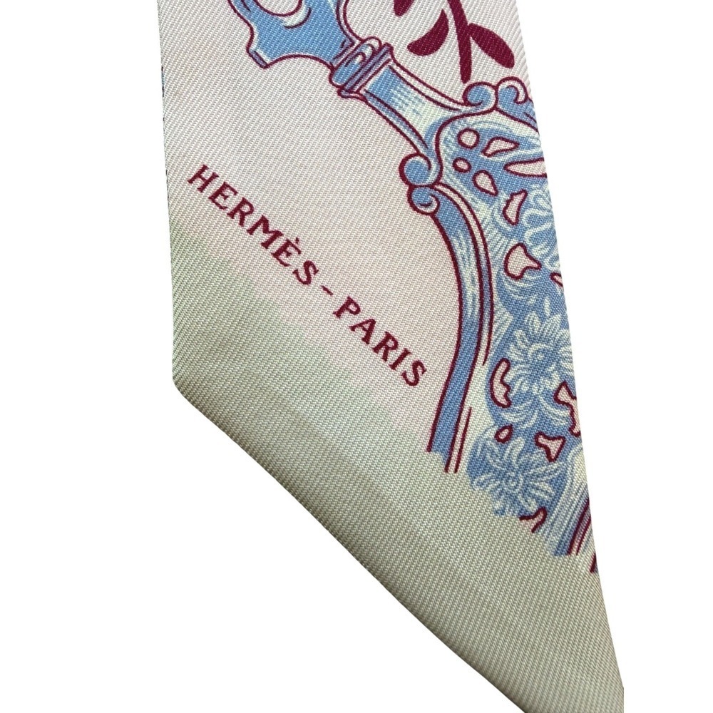 Hermès Pink Silk Twilly Scarf Pastel Blue Burgundy Bag Ribbon Tie - Picture 4 of 4